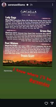 Serena Williams expressing her excitement to watch Green Day live at Coachella 2025 (Source: Instagram/Serena Williams)